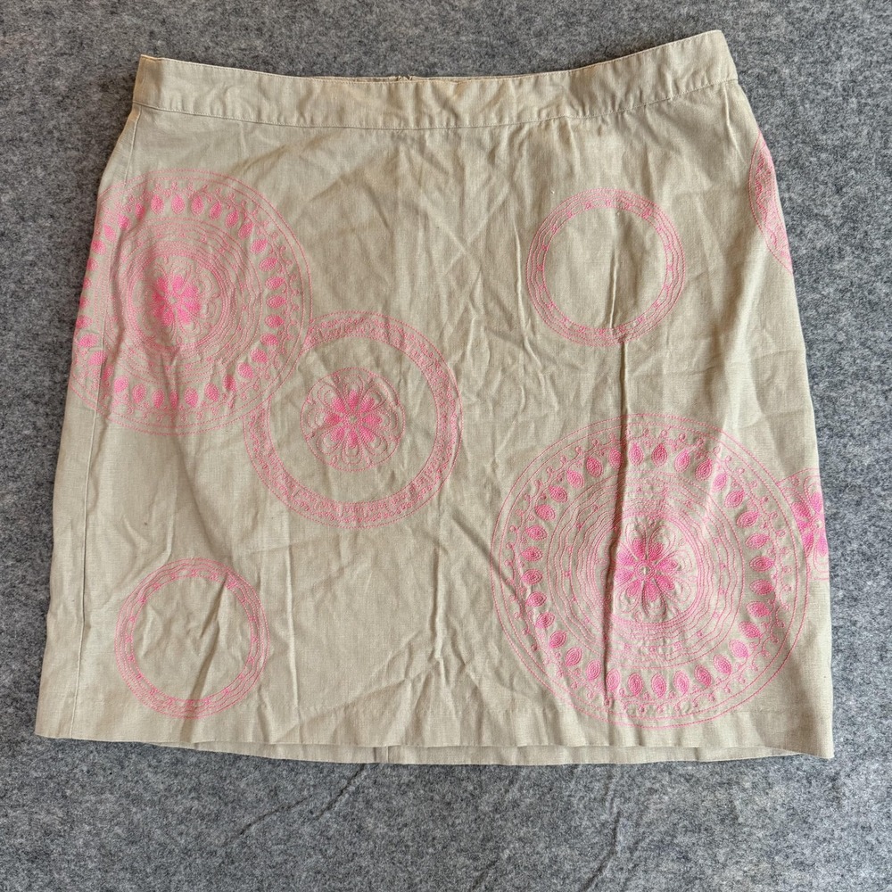 Boden Skirt Womens 16 Beige Pink‎ Linen Blend Embroidered Circle Print Lined